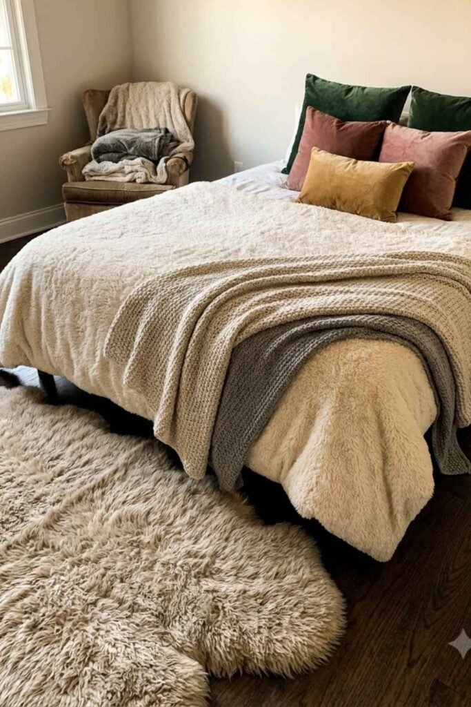 Layering soft textures is an easy way to make a modern couple’s bedroom feel warm, comfortable, and inviting. Start with crisp cotton or linen bedding, then add a quilt, knitted throw, and a few plush cushions in complementary neutral shades. A textured rug beside or underneath the bed can add softness underfoot while making the room feel more complete. You can also introduce natural materials such as woven baskets, rattan, wood, or boucle fabric for extra visual interest. Keep the colors coordinated and vary the textures rather than adding too many patterns. This simple approach creates depth and gives the bedroom a relaxed, cozy feel without requiring expensive furniture or major changes.