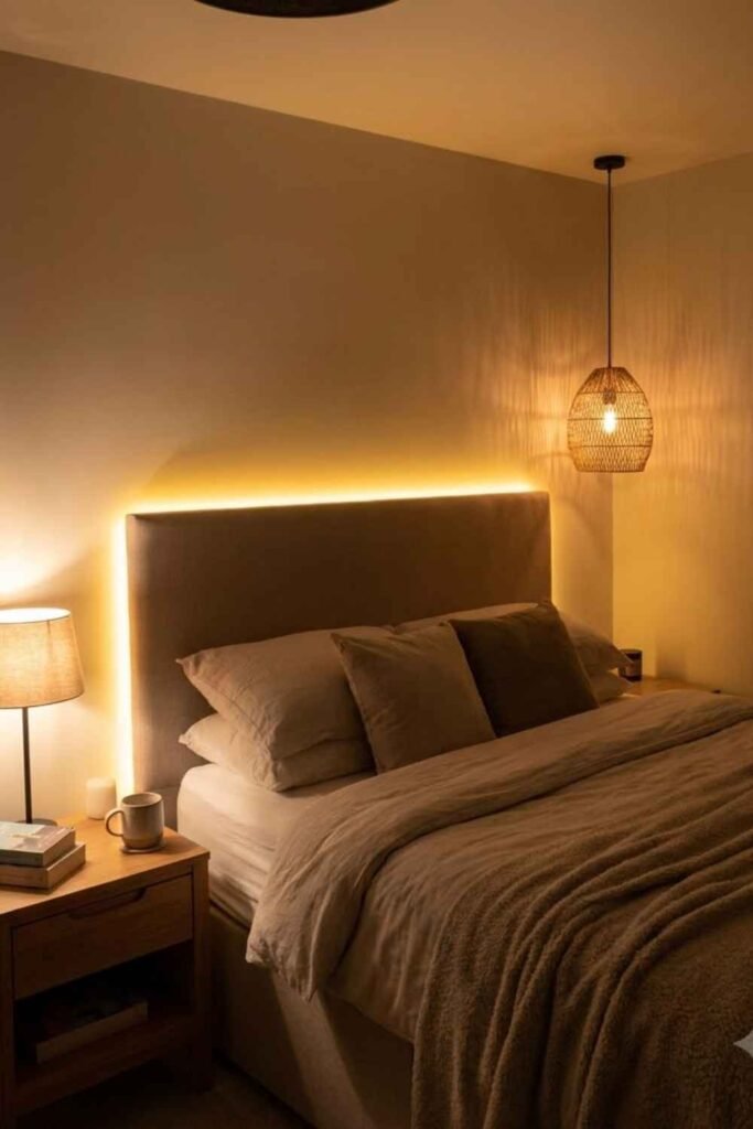 <!-- wp:paragraph -->
<p>Replace harsh ceiling lights with bedside lamps, pendant lights, or LED strip lighting behind the headboard to create a relaxing mood in the evenings.</p>
<!-- /wp:paragraph -->