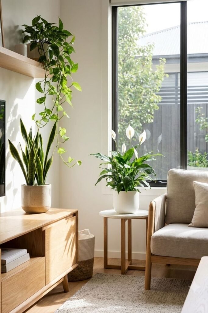 Decorate with indoor plants such as snake plants, pothos, or peace lilies. Greenery adds freshness, improves air quality, and complements modern interiors beautifully.