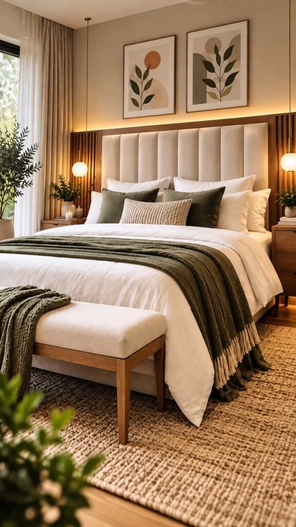 A statement headboard can instantly transform a couple’s bedroom and make the bed the main focal point of the space. You do not need an expensive designer piece to achieve a stylish look. Choose a headboard with a simple but eye-catching design, such as soft upholstered panels, natural wood, woven cane, or a curved silhouette. For a modern bedroom, neutral shades like beige, cream, taupe, or light gray can blend beautifully with the rest of the décor while adding warmth and texture.